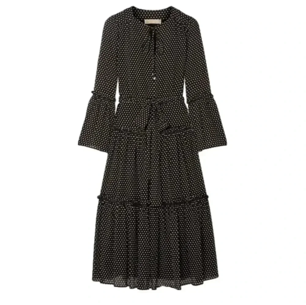 MICHAEL KORS Tiered Polka Dot Chiffon MIDI Dress Black - Picture 2 of 9